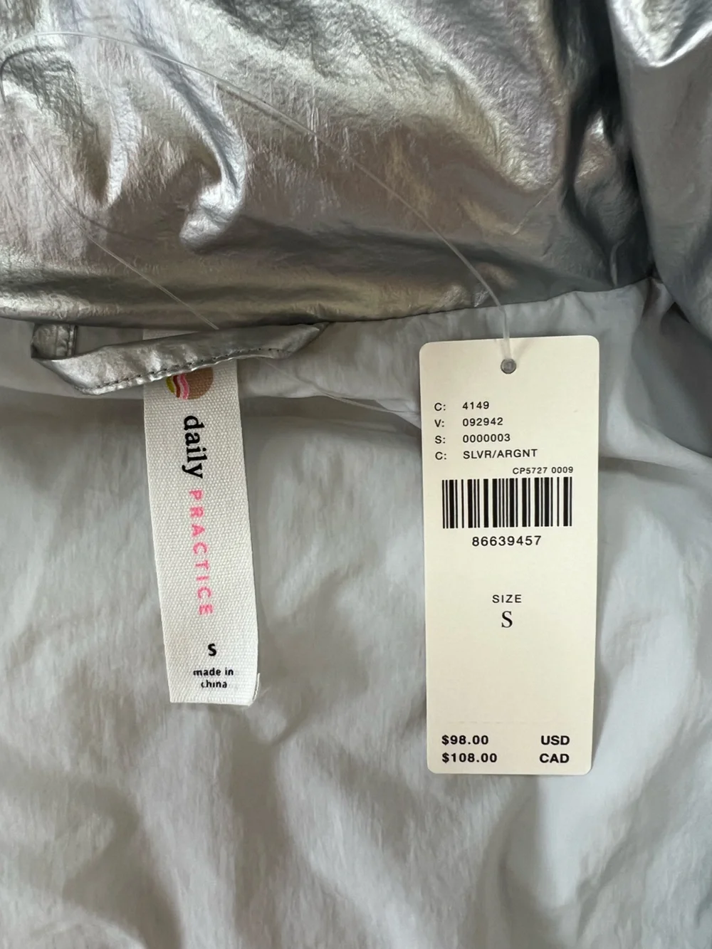Daily Practice Anthropologie NWT Metallic Silver Hooded Puffer Vest Pockets, S